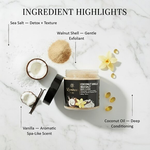 Luminous Care Coconut Vanilla Body Scrub | Sea Salt + Walnut Shell Exfoliating 2 - Picture 5 of 10